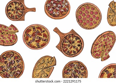 Vector pattern with pizza, stylish food cover for fabric, postcards, wallpapers,graphical vector illustration. Fast food and menu background design	