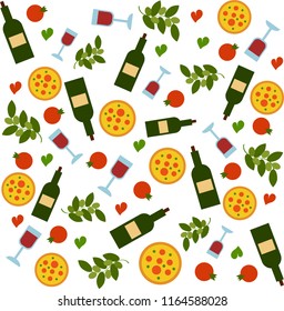 vector pattern of pizza, wine and olive branches without background
