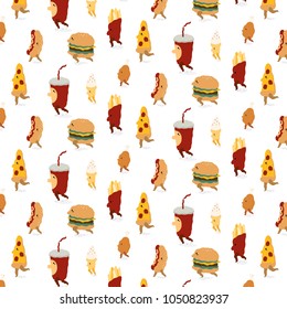 vector pattern with pizza,hamburger,french fries,fried chicken,ice cream,hotdog,soda drink on white background.Hand drawn illustration.Fast food characters walk in cartoon style.