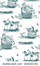 Vektorillustration-Muster Pflanze Gravur Tinte Korb Blumen