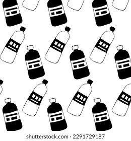 Vector pattern from plastic bottles. Black on a white background. Garbage, ecology, drinks, paper, fabric, background, wallpaper. Minimalism, doodle, sketch. Eps10