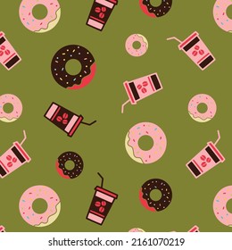 Vector pattern with plastic and paper coffee cups and donuts. Breakfast elements. Good for web page design, menu texture, surface background