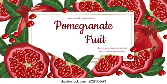 Vector pattern with pomegranate fruits and text template on a white background. Design for cosmetics, spa, pomegranate juice, health care products, perfume. Best for textile or wrapping paper