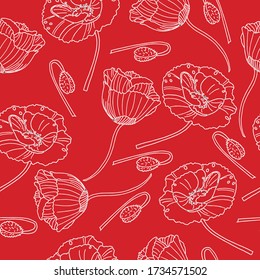 Patrón vectorial con amapolas con contorno blanco y base roja.Textura floral sin soldadura, base para el fondo, impresión de tela y papel, diseño de postales, publicidad de verano, paneles interiores