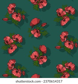 Patrón vectorial con amapolas.Bouquets de amapolas rojas en un fondo de color en un patrón vectorial sin fisuras.