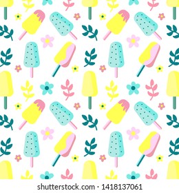 Vector pattern with Popsicle ice cream and twigs on white background. For textiles, background, fabric, wrapping paper, Wallpaper, baby diapers.