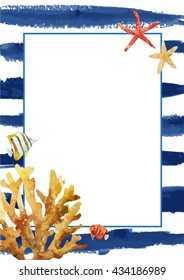 Vector pattern postcards, print strips, marine theme, coral and starfish, fish. Invitation birthday, summer, Beach menu