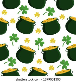 Vector pattern with a pot of gold, coins and clover on a white background. Can be used in seasonal design for St. Patrick's Day, children's textiles, covers