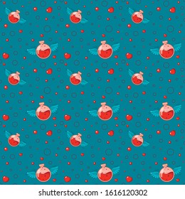 Vector Pattern Potion of Love 
flies on the blue background and many hearts around