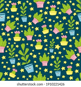 patrón vectorial con plantas y estrellas en macetas
