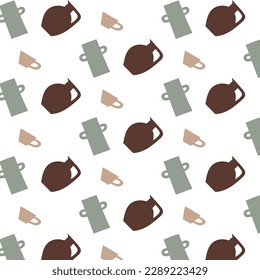 Vector pattern of pottery. Pot, vase, cup. Colored on a white background. Kitchen, potter, cafe, restaurant, shop, retro, silhouette, minimalism, illustration, wallpaper, fabric, packaging of goods. 