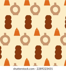 Vector pattern of pottery. Sugar bowl, vase, jug. Colored on a beige background. Kitchen, potter, cafe, restaurant, retro, silhouette, minimalism, illustration, wallpaper, fabric, wrapping pape. Eps10