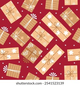 Vector pattern with present boxes decorated with different festive designs and bows. Golden new year boxes on burgundy colored background with stars 