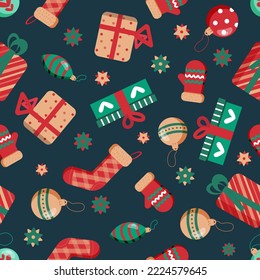 Vector pattern with presents, Christmas balls, socks and mittens