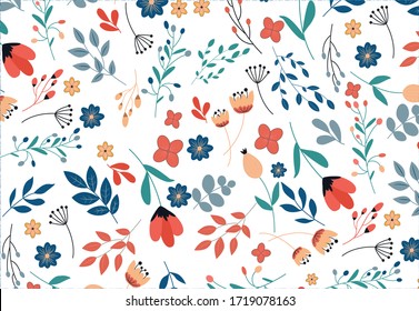 Vector pattern. Pretty pattern in small flower. Small yellow and orange, red flowers. White background. Ditsy floral background. The elegant the template for fashion prints.