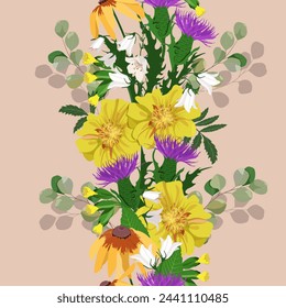 Vector pattern with primrose, thistle, marigold, field bells on a beige background. Seamless pattern for fabric, paper and other printing and web projects.