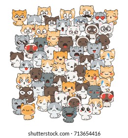 Vector pattern for print. Ilustration with cats and dogs for design of posters, prints, invitations, greetings, childbook, flyers and antistress pictures for coloring.
