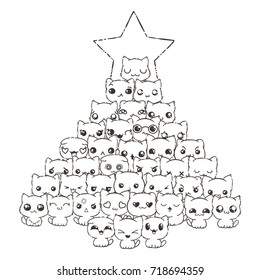 Vector pattern for print. Ilustration with cats and dogs for design of posters, prints, invitations, greetings, childbook and antistress pictures for coloring. Happy New Year tree. Merry Christmas