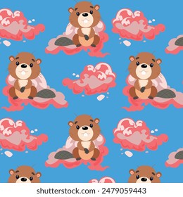 Vector pattern for printing and printing. Beavers and bright clouds, children's print.