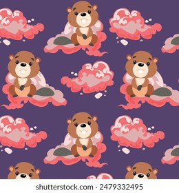 Vector pattern for printing and printing. Beavers and bright clouds, children's print.