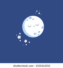 Vector pattern for printing with a full cute moon and kawaii astronaut in space. Star shapes.