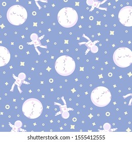Vector pattern for printing with a full cute moon and kawaii astronaut in space. Star shapes.