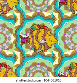 Vector pattern for printing on fabric. Yellow, green and beige. Decorative seamless pattern with tropical fish stylized texture of embroidery.