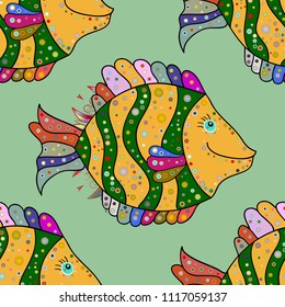 Vector pattern for printing on fabric. Neutral, yellow and green. Decorative seamless pattern with tropical fish stylized texture of embroidery.
