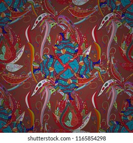 Vector pattern for printing on fabric. Brown, red and blue. Decorative seamless pattern with tropical fish stylized texture of embroidery.