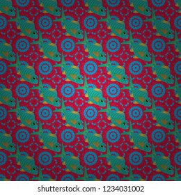 Vector pattern for printing on fabric in pink, blue and green colors. Decorative seamless pattern with tropical fish stylized texture for embroidery.