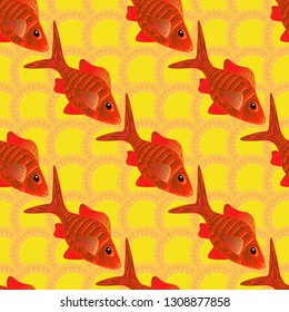 Vector pattern for printing on fabric in orange, yellow and red colors. Decorative seamless pattern with tropical fish stylized texture for embroidery.