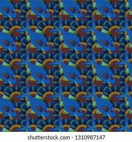 Vector pattern for printing on fabric in blue, green and gray colors. Decorative seamless pattern with tropical fish stylized texture for embroidery.