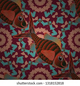 Vector pattern for printing on fabric in pink, brown and red colors. Decorative seamless pattern with tropical fish stylized texture for embroidery.