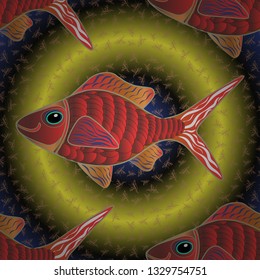 Vector pattern for printing on fabric in brown, green and yellow colors. Decorative seamless pattern with tropical fish stylized texture for embroidery.