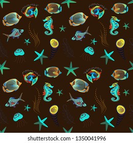 Vector pattern for printing on fabric in blue, brown and green colors. Decorative seamless pattern with tropical fish stylized texture for embroidery.