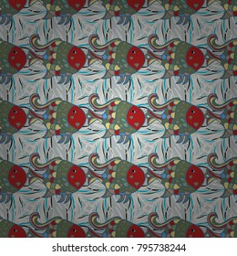 Vector pattern for printing on fabric. Gray, blue and neutral. Decorative seamless pattern with tropical fish stylized texture of embroidery.