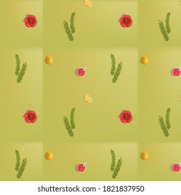 Vector pattern of products, which includes lemon, rosemary sprigs, bell pepper, tomato sauce, top view, 3D. It can be used in textiles, wrapping paper, background in web design with culinary concept.