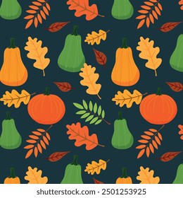 Vector pattern of pumpkins and autumn leaves. Print for printing and textiles.