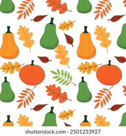 Vector pattern of pumpkins and autumn leaves. Print for printing and textiles.