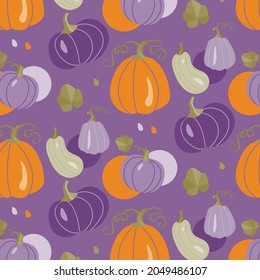 Vector pattern of pumpkins of different sizes and colors.Autumn vegetables from the farm. Illustration of a pumpkin. A fun children's Halloween. On a purple background. Nature illustration for wrappin