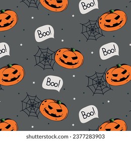 Vector pattern with pumpkins and spider web on grey background. Element for horror design, Halloween celebrated concept.