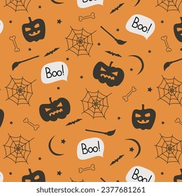 Vector pattern with pumpkins and spider web on orange background. Element for horror design, Halloween celebrated concept.