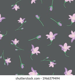 vector pattern of purple bells and buds on a gray background. lilac flowers for fabric.