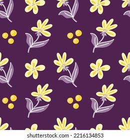 Vector pattern with purple and yellow abstract twigs of leaves and flowers on a purple background. Botanical pattern for postcards, gifts, holidays, fabrics, packaging