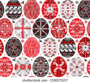 Vector pattern with pysanky. Easter eggs pattern. Ukrainian easter eggs. Eggs with traditional ukrainian folk ornament. Seamless pattern with easter eggs in folk style from Ukraine. Easter decoration