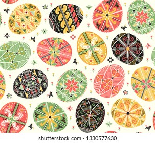 Vector pattern with pysanky. Easter eggs pattern. Ukrainian easter eggs. Eggs with traditional ukrainian folk ornament. Seamless pattern with easter eggs in folk style from Ukraine. Easter decoration