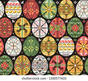 Vector pattern with pysanky. Easter eggs pattern. Ukrainian easter eggs. Eggs with traditional ukrainian folk ornament. Seamless pattern with easter eggs in folk style from Ukraine. Easter decoration
