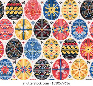 Vector pattern with pysanky. Easter eggs pattern. Ukrainian easter eggs. Eggs with traditional ukrainian folk ornament. Seamless pattern with easter eggs in folk style from Ukraine. Easter decoration