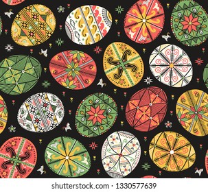 Vector pattern with pysanky. Easter eggs pattern. Ukrainian easter eggs. Eggs with traditional ukrainian folk ornament. Seamless pattern with easter eggs in folk style from Ukraine. Easter decoration