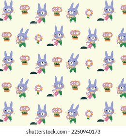 Vector pattern with rabbit, flowers in the garden. Cute cartoon character .Village landscape. Seamless pattern